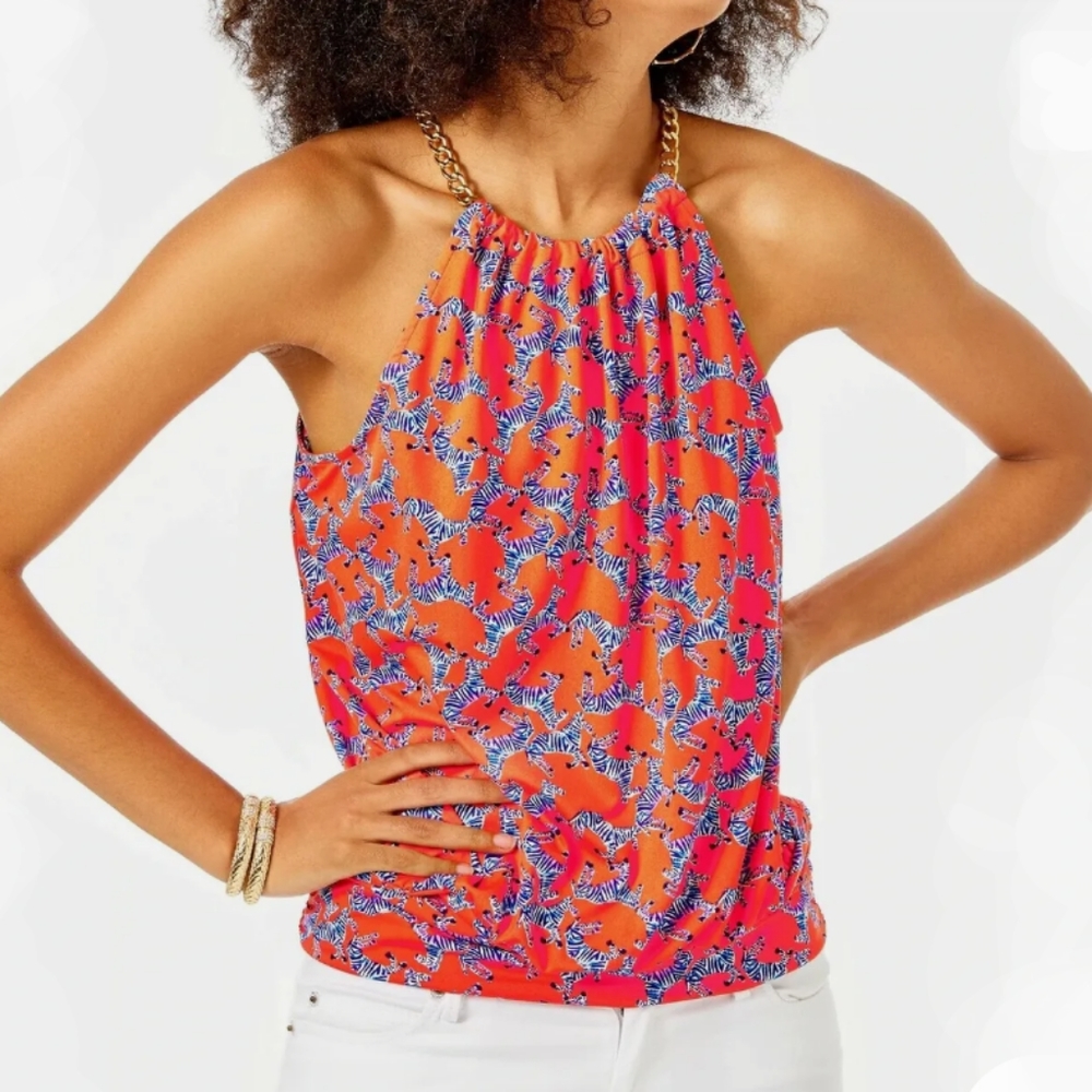Lilly Pulitzer Orange and Blue Halter Top - Picture 2 of 12